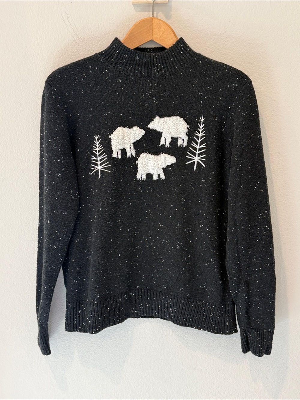 LOFT Black Speckled Sweater with White Bear Motif Size Medium